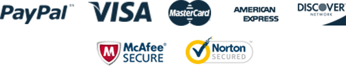 Logotipos do PayPal, Visa, MasterCard, American Express, Discover, McAfee Secure e Norton Secured indicando pagamento seguro