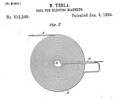 Nikola Tesla bifilar coil patent diagram from 1894 for energy generator blueprint